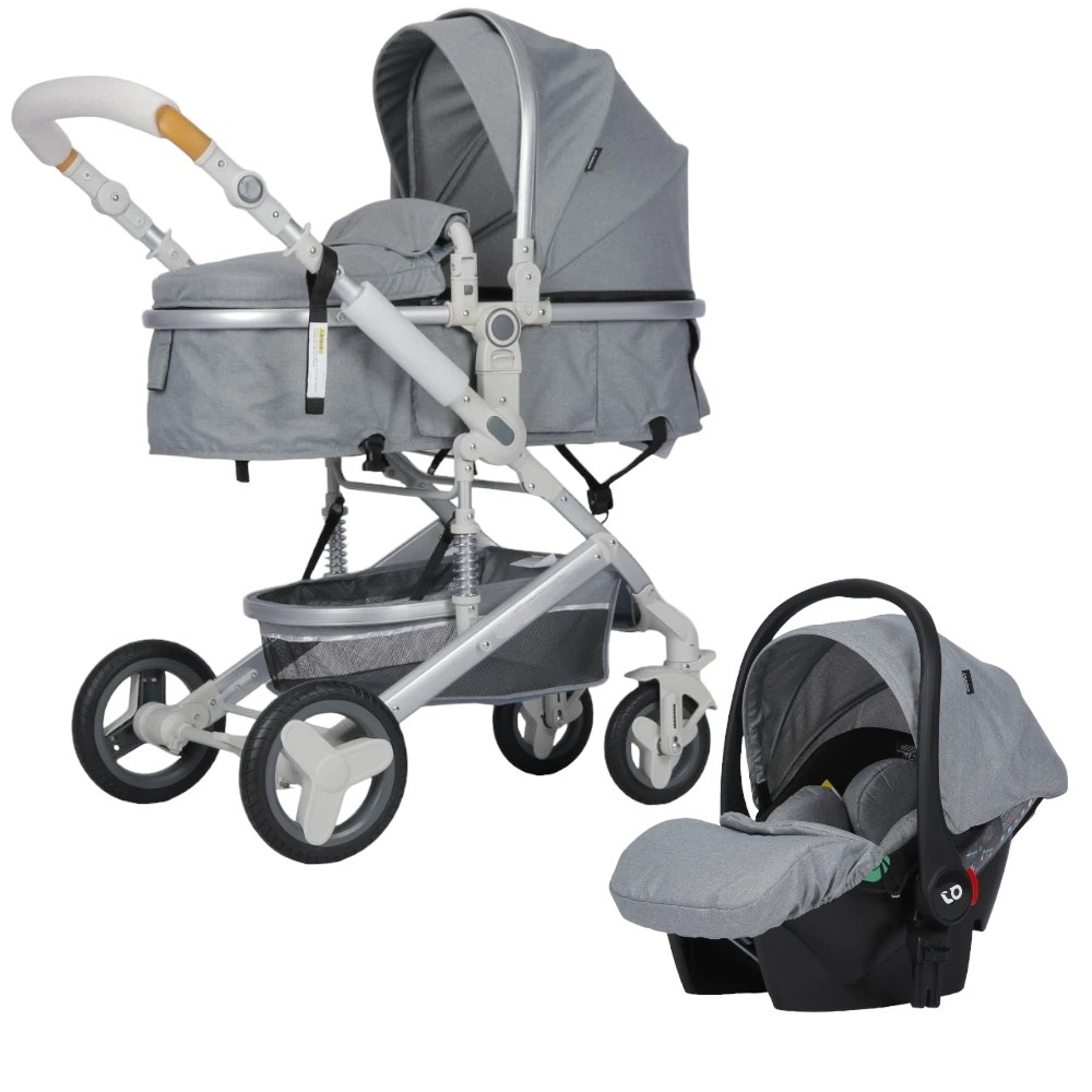 Carucior pentru copii Novokids 5300 Gri 3 in 1 reversibil cu geanta cadru aluminiu amortizoare roti din cauciuc landou scoica auto spatar reglabil 3 trepte plasa insecte