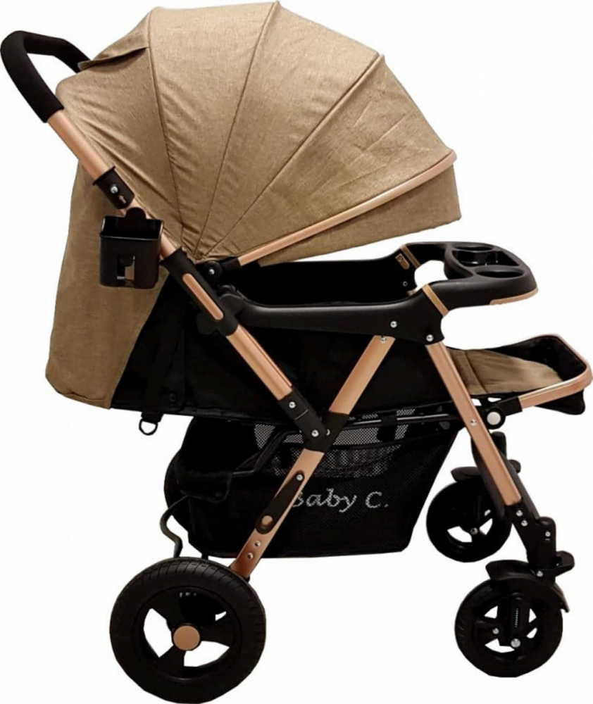Carucior pentru copii Baby Care PRO 511 Maro Cadru aluminiu Maner reversibil Spatar reglabil in 5 trepte Amortizoare Frana picior Pliabil