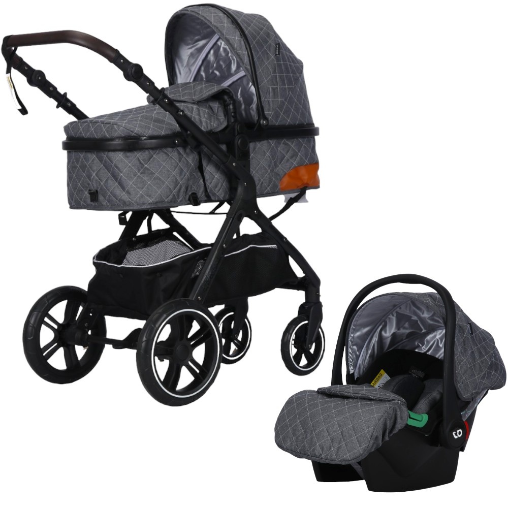 Carucior pentru copii Novokids X1000 series Gri 3 in 1 reversibil cu geanta bebe cadru aluminiu amortizoare roti din cauciuc landou scoica auto spatar reglabil 3 trepte plasa insecte