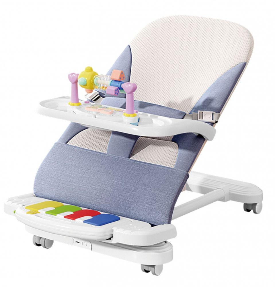 Balansoar pentru copii NiceKids pliabil cu roti si pian detasabil 3 nivele de inclinare tavita detasabila Jucarii interactive atasate 40 x 68 x 67 cm Blue