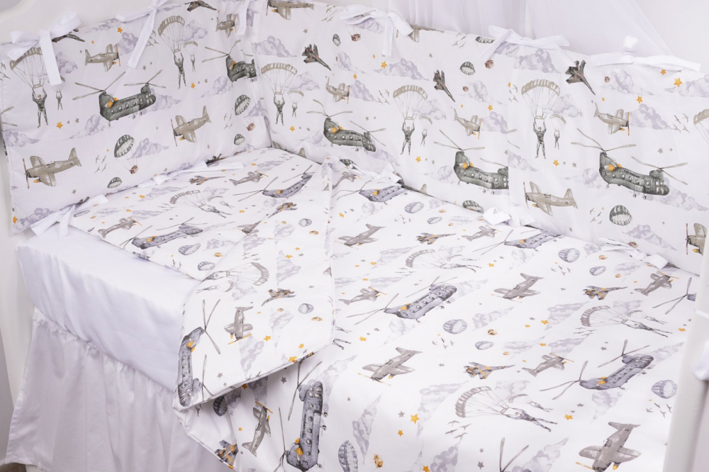 Set complet 7 piese lenjerie si aparatori patut 120x60 cm din bumbac model soldatei gri