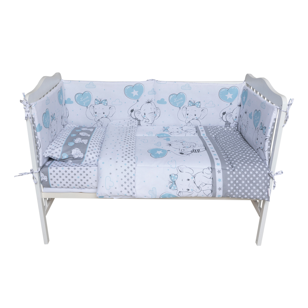 Lenjerie patut cu 7 piese 120x60 cm Love Elephants Blue